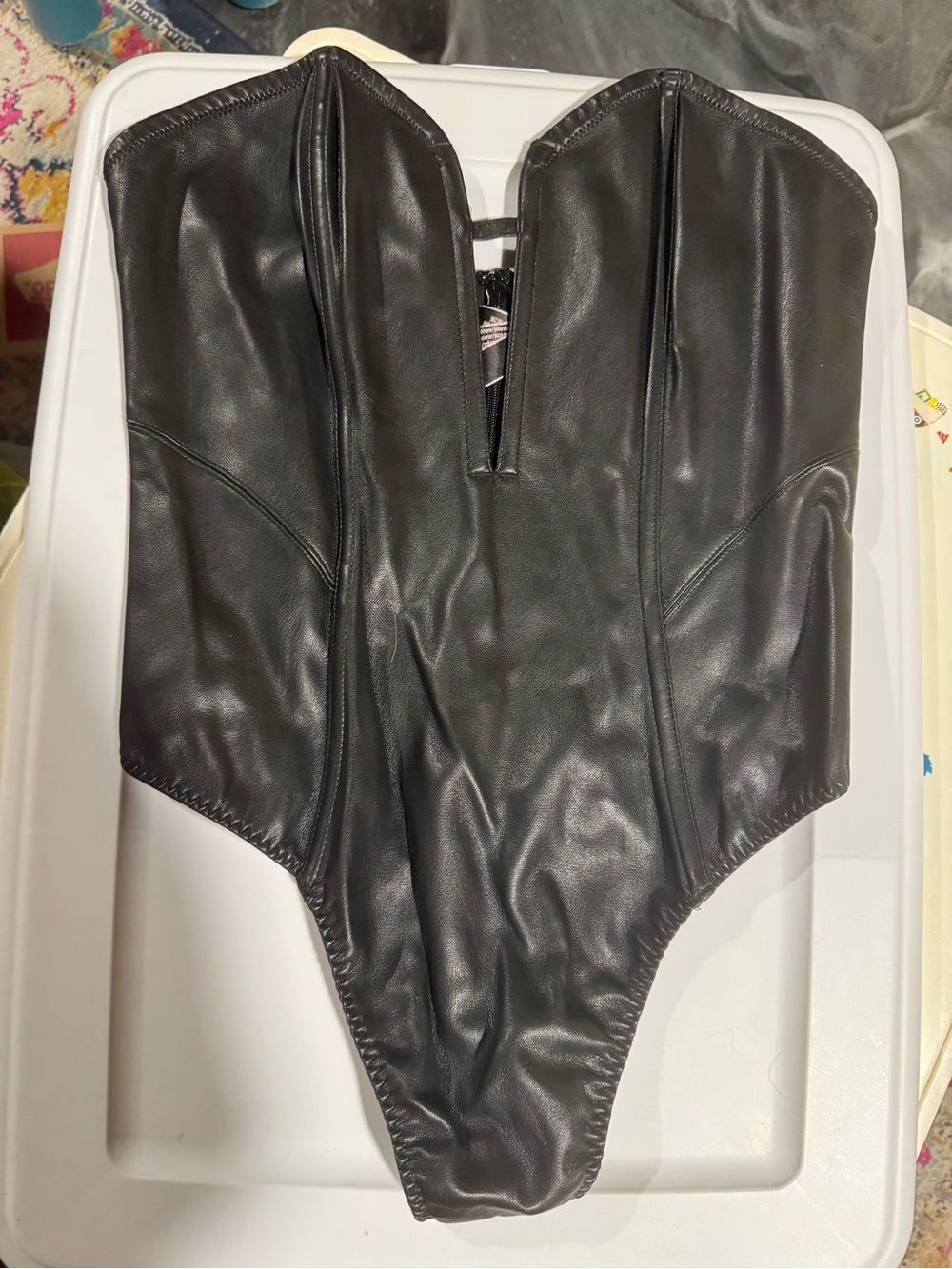 Victorias Secret Black strapless faux leather bodysuit Large